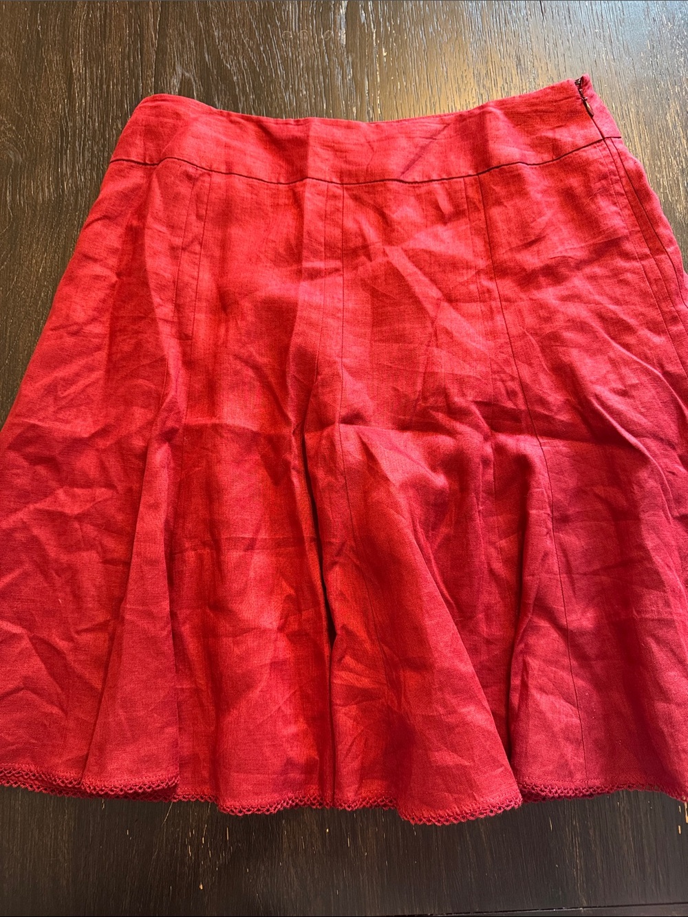 Ann Taylor Petites Factory Red Circle Skirt with Scalloped Hem 100% Linen